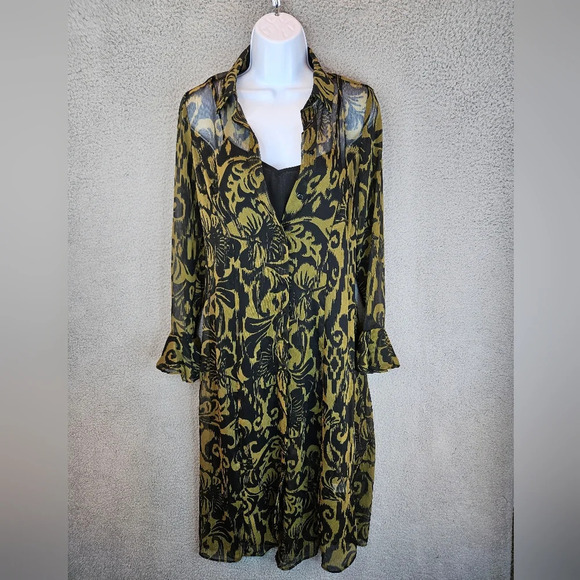 1. State Women's Green & Black Abstract Chiffon Lined Shirt Dress Sz XS - Picture 2 of 12
